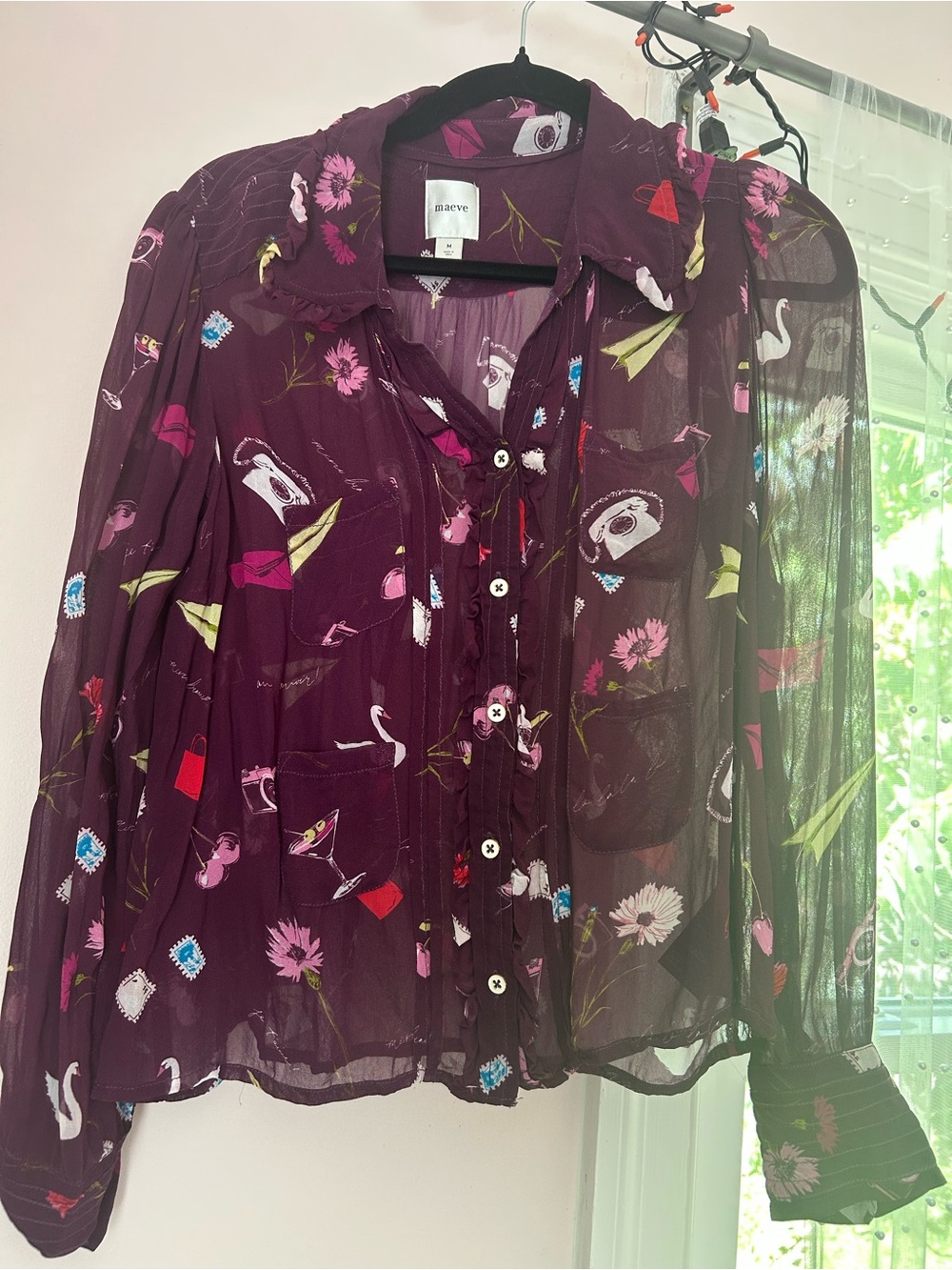 Maeve Plum Sheer Floral & Novelty Button-Front Blouse